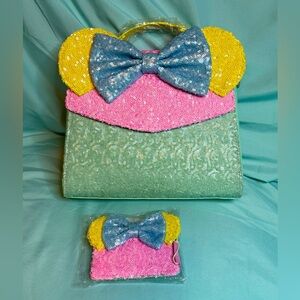 Loungefly & Disney Minnie Ear Colorblock Pastel Sequin Crossbody Bag & Wallet